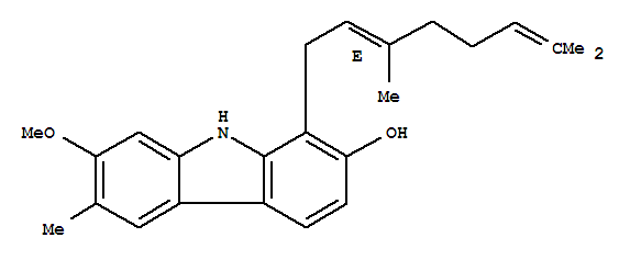Structure of 9H-Carbazol-2-ol,1-(3,7-dimethyl-2,6-octadienyl)-7-methoxy-6-methyl-, (E)-