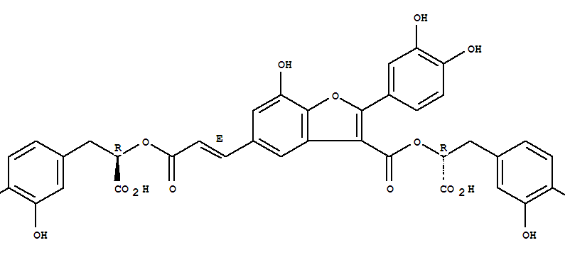 3-Benzofurancarboxylicacid,5-[(1E)-3-[(1R)-1-carboxy-2-(3,4-dihydroxyphenyl)ethoxy]-3-oxo-1-propen-1-yl]-2-(3,4-dihydroxyphenyl)-7-hydroxy-,3-[(1R)-1-carboxy-2-(3,4-dihydroxyphenyl)ethyl] ester结构式