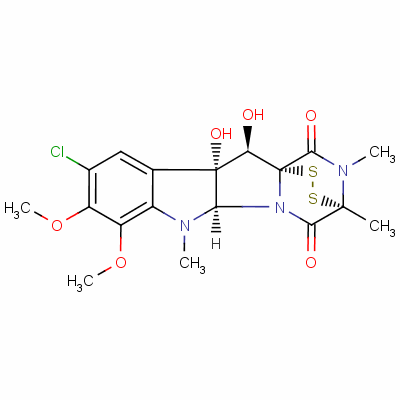 Structure of 3,11a-Epidithio-11aH-pyrazino1,2:1,5pyrrolo2,3-bindole-1,4-dione, 9-chloro-2,3,5a,6,10b,11-hexahydro-10b,11-dihydroxy-7,8-dimethoxy-2,3,6-trimethyl-, (3R,5aR,10bS,11R,11aR)-