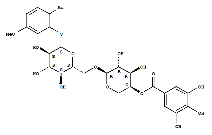 Benzoicacid, 3,4,5-trihydroxy-, 4''-ester with 1-[2-[(6-O-a-L-arabinopyranosyl-b-D-glucopyranosyl)oxy]-4-methoxyphenyl]ethanone结构式