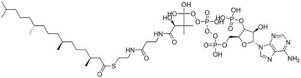 [(2S,3S,4R,5R)-5-(6-aminopurin-9-yl)-4-hydroxy-2-[[hydroxy-[hydroxy-[3-hydroxy-2,2-dimethyl-3-[2-[2-[(3S,7S,11R)-3,7,11,15-tetramethylhexadecanoyl]sulfanylethylcarbamoyl]ethylcarbamoyl]propoxy]phosphoryl]oxy-phosphoryl]oxymethyl]oxolan-3-yl]oxyphosphonic结构式