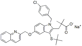 Structure of sodium 3-[1-[(4-chlorophenyl)methyl]-5-(quinolin-2-ylmethoxy)-3-tert-butylsulfanyl-indol-2-yl]-2,2-dimethyl-propanoate