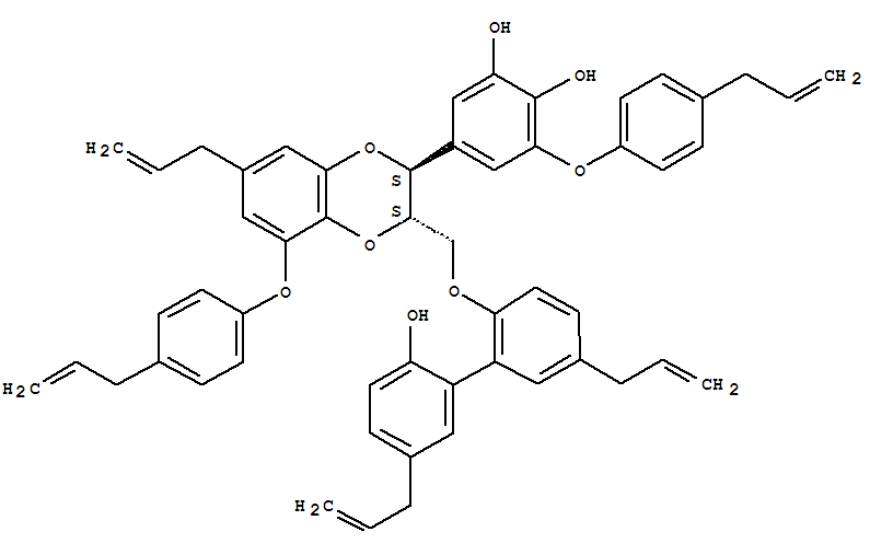 Structure of 1,2-Benzenediol,5-[(2R,3R)-2,3-dihydro-3-[[(2'-hydroxy-5,5'-di-2-propen-1-yl[1,1'-biphenyl]-2-yl)oxy]methyl]-7-(2-propen-1-yl)-5-[4-(2-propen-1-yl)phenoxy]-1,4-benzodioxin-2-yl]-3-[4-(2-propen-1-yl)phenoxy]-,rel-