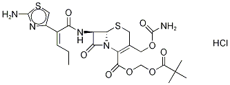 Structure of 5-Thia-1-azabicyclo(4.2.0)oct-2-ene-2-carboxylic acid, 3-(((aminocarbonyl)oxy)methyl)-7-(((2Z)-2-(2-amino-4-thiazolyl)-1-oxo-2-pentenyl)amino)-8-oxo-, (2,2-dimethyl-1-oxopropoxy)methyl ester, monohydrochloride, (6R,7R)-