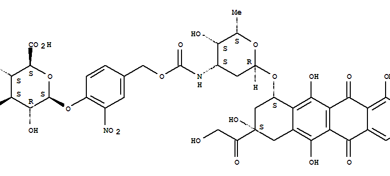 5,12-Naphthacenedione,7,8,9,10-tetrahydro-6,8,11-trihydroxy-8-(hydroxyacetyl)-1-methoxy-10-[[2,3,6-trideoxy-3-[[[[4-(b-D-glucopyranuronosyloxy)-3-nitrophenyl]methoxy]carbonyl]amino]-a-L-lyxo-hexopyranosyl]oxy]-,(8S-cis)-结构式