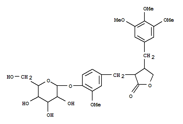2(3H)-Furanone,3-[[4-(b-D-glucopyranosyloxy)-3-methoxyphenyl]methyl]dihydro-4-[(3,4,5-trimethoxyphenyl)methyl]-,(3R-trans)-结构式
