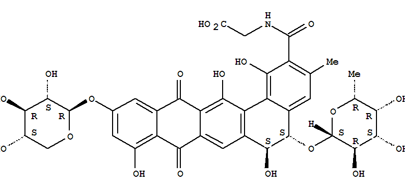 Structure of Glycine, N-((5-((6-deoxy-beta-D-galactopyranosyl)oxy)-5,6,8,13-tetrahy dro-1,6,9,14-tetrahydro-3-methyl-8,13-dioxo-11-(beta-L-xylopyranosylox y)benzo(a)naphthacen-2-yl)carbonyl)-, (5S-trans)-