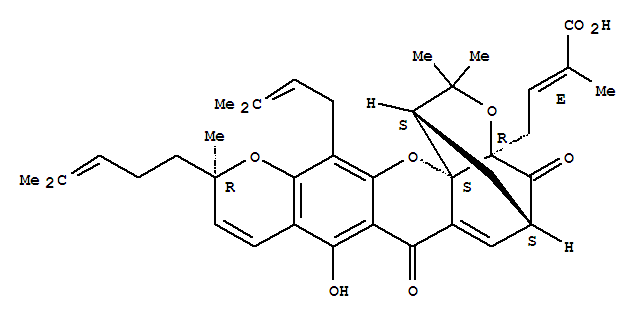 Structure of 2-Butenoic acid,2-methyl-4-[(1R,3aS,5S,11R,14aS)-3a,4,5,7-tetrahydro-8-hydroxy-3,3,11-trimethyl-13-(3-methyl-2-buten-1-yl)-11-(4-methyl-3-penten-1-yl)-7,15-dioxo-1,5-methano-1H,3H,11H-furo[3,4-g]pyrano[3,2-b]xanthen-1-yl]-,(2E)-
