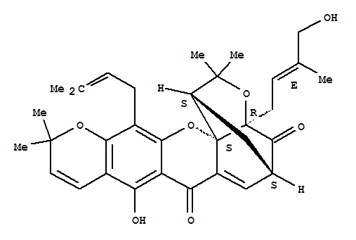 1,5-Methano-1H,7H,11H-furo[3,4-g]pyrano[3,2-b]xanthene-7,15-dione,3,3a,4,5-tetrahydro-8-hydroxy-1-(4-hydroxy-3-methyl-2-butenyl)-3,3,11,11-tetramethyl-13-(3-methyl-2-butenyl)-,[1R-[1a,1(E),3ab,5a,14aS*]]-结构式