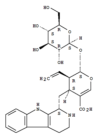 Structure of 2H-pyran-5-carboxylic acid, 3-ethenyl-2-(beta-D-glucopyranosyloxy)-3,4-dihydro-4-[[(1S)-2,3,4,9-tetrahydro-1H-pyrido[3,4-b]indol-1-yl]methyl]-, (2S,3R,4S)-