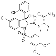 Structure of (2S)-1-[[(2R,3S)-5-CHLORO-3-(2-CHLOROPHENYL)-1-[(3,4-DIMETHOXYPHENYL)SULFONYL]-2,3-DIHYDRO-3-HYDROXY-1H-INDOL-2-YL]CARBONYL]-2-PYRROLIDINECARBOXAMIDE