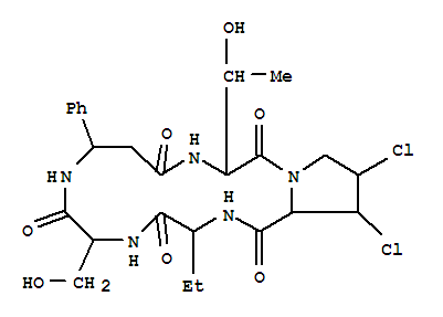 Structure of 4-[(3-amino-2-phenylpropanoyl)amino]-2,4,6-trideoxy-2-{[(3S,4R)-3,4-dichloro-L-prolyl][(2E)-2-iminobutanoyl]amino}-2-(hydroxymethyl)-L-arabino-hexos-3-ulose