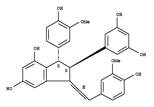 1H-Indene-4,6-diol,2-(3,5-dihydroxyphenyl)-2,3-dihydro-3-(4-hydroxy-3-methoxyphenyl)-1-[(4-hydroxy-3-methoxyphenyl)methylene]-,(1E,2R,3R)-rel-结构式