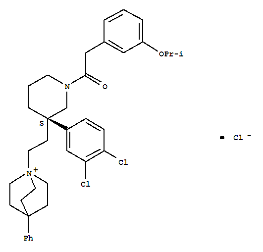 Structure of 1-azoniabicyclo[2.2.2]octane, 1-[2-[(3S)-3-(3,4-dichlorophenyl)-1-[2-[3-(1-methylethoxy)phenyl]acetyl]-3-piperidinyl]ethyl]-4-phenyl-, chloride (1:1)
