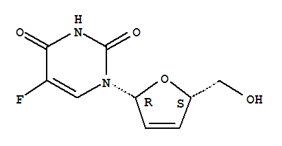 Structure of 2,4(1H,3H)-pyrimidinedione, 1-[(2S,5R)-2,5-dihydro-5-(hydroxymethyl)-2-furanyl]-5-fluoro-