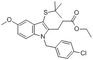 Structure of 1H-Indole-2-propanoic acid, 1-[(4-chlorophenyl)methyl]-3-[(1,1-dimethylethyl)thio]-5-methoxy-ethyl ester