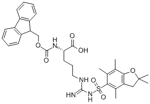 Structure of N5-[[[(2,3-dihydro-2,2,4,6,7-pentamethyl-5-benzofuranyl)sulfonyl]amino]iminomethyl]-N2-[(9H-fluoren-9-ylmethoxy)carbonyl]-L-Ornithine