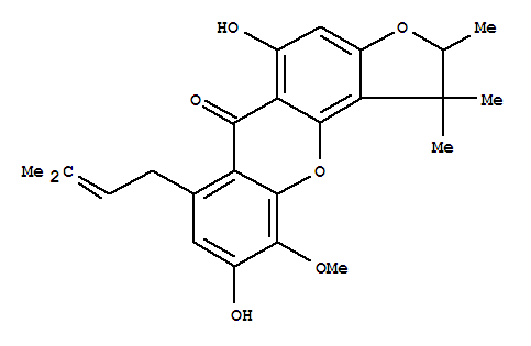Structure of 6H-Furo[2,3-c]xanthen-6-one,1,2-dihydro-5,9-dihydroxy-10-methoxy-1,1,2-trimethyl-7-(3-methyl-2-buten-1-yl)-,(+)-