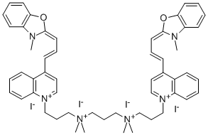 Structure of 2-((E)-3-[1-(3-[(3-[DIMETHYL(3-(4-[(Z,2E)-3-(3-METHYL-1,3-BENZOXAZOL-3-IUM-2-YL)-2-PROPENYLIDENE]-1-QUINOLINYL)PROPYL)AMMONIO]PROPYL)(DIMETHYL)AMMONIO]PROPYL)-4(1H)-QUINOLINYLIDENE]-1-PROPENYL)-3-METHYL-1,3-BENZOXAZOL-3-IUM TETRAIODIDE