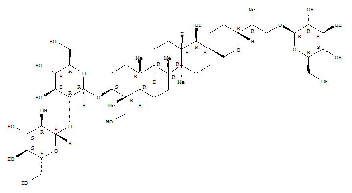 Structure of b-D-Glucopyranoside,(1R,2S,4aR,4bR,6'R,6aR,7R,8S,10aR,10bR,12aS)-6'-[(1R)-2-(b-D-glucopyranosyloxy)-1-methylethyl]octadecahydro-1-hydroxy-7-(hydroxymethyl)-4a,4b,7,10a-tetramethylspiro[chrysene-2(1H),3'(4'H)-[2H]pyran]-8-yl2-O-b-D-glucopyranosyl- (9CI) [1