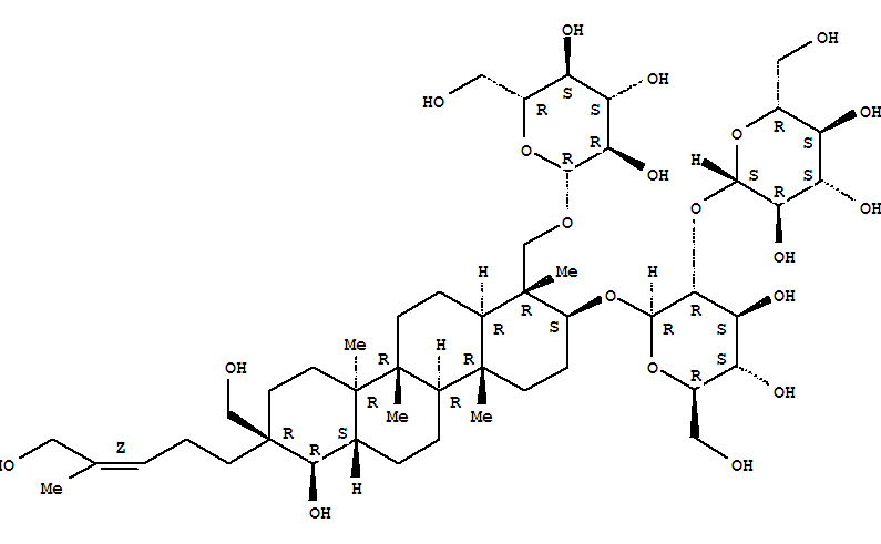 Structure of b-D-Glucopyranoside,(1R,2S,4aR,4bR,6aS,7R,8R,10aR,10bR,12aR)-1-[(b-D-glucopyranosyloxy)methyl]octadecahydro-7-hydroxy-8-(hydroxymethyl)-8-[(3Z)-5-hydroxy-4-methyl-3-pentenyl]-1,4a,10a,10b-tetramethyl-2-chrysenyl2-O-b-D-glucopyranosyl- (9CI)