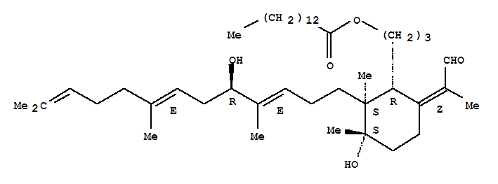 Tetradecanoic acid,3-[(1R,2S,3S,6Z)-3-hydroxy-2-[(3E,5R,7E)-5-hydroxy-4,8,12-trimethyl-3,7,11-tridecatrien-1-yl]-2,3-dimethyl-6-(1-methyl-2-oxoethylidene)cyclohexyl]propylester结构式
