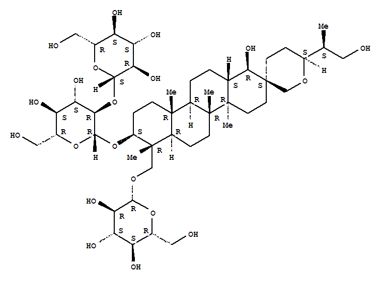 Structure of b-D-Glucopyranoside,(1R,2S,4aR,4bR,6'S,6aR,7R,8S,10aR,10bR,12aS)-7-[(b-D-glucopyranosyloxy)methyl]octadecahydro-1-hydroxy-6'-[(1S)-2-hydroxy-1-methylethyl]-4a,4b,7,10a-tetramethylspiro[chrysene-2(1H),3'(4'H)-[2H]pyran]-8-yl2-O-b-D-glucopyranosyl- (9CI) [1