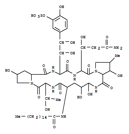 Structure of 5-[(9aR)-9-({(2S)-1-[(2S,3R)-2-{[(2S)-5-amino-2-(hexadecanoylamino)-4,5-dihydroxypentanoyl]amino}-3-hydroxybutanoyl]-4-hydroxypyrrolidin-2-yl}carbonyl)-9a-[(2S,3R)-2-amino-3-hydroxybutanoyl]-3-(2-amino-2-oxoethyl)-3,8,9-trihydroxy-7-methyl-1,5-dioxooctahy