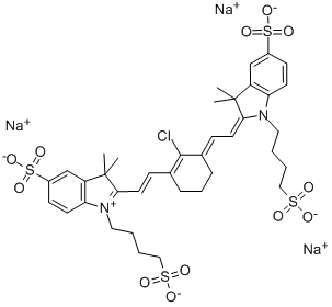 Structure of TRISODIUM 2-(2-(2-CHLORO-3-(2-(3,3-DIMETHYL-5-SULFONATO-1-(4-SULFONATOBUTYL)INDOLIN-2-YLIDENE)ETHYLIDENE)CYCLOHEX-1-ENYL)VINYL)-3,3-DIMETHYL-1-(4-SULFONATOBUTYL)-3H-INDOLIUM-5-SULFONATE