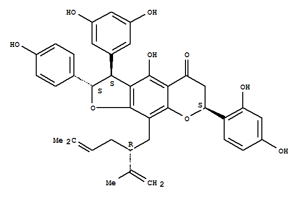 5H-Furo[3,2-g][1]benzopyran-5-one,7-(2,4-dihydroxyphenyl)-3-(3,5-dihydroxyphenyl)-2,3,6,7-tetrahydro-4-hydroxy-2-(4-hydroxyphenyl)-9-[5-methyl-2-(1-methylethenyl)-4-hexenyl]-,[2S-[2a,3b,7b,9(S*)]]-结构式