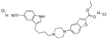 Structure of ethyl 5-(4-(4-(5-cyano-1H-indol-3-yl)butyl)piperazin-1-yl)benzofuran-2-carboxylate (dihydrochloride)