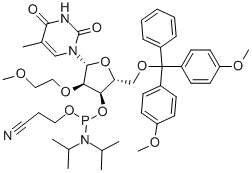 Structure of (2R,3R,4R,5R)-2-((BIS(4-METHOXYPHENYL)(PHENYL)METHOXY)METHYL)-4-(2-METHOXYETHOXY)-5-(5-METHYL-2,4-DIOXO-3,4-DIHYDROPYRIMIDIN-1(2H)-YL)TETRAHYDROFURAN-3-YL 2-CYANOETHYL DIISOPROPYLPHOSPHORAMIDITE
