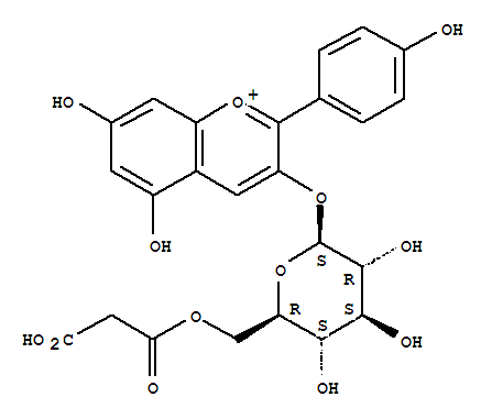 5,7-dihydroxy-2-(4-hydroxyphenyl)chromenium-3-yl 6-O-(carboxyacetyl)-beta-D-glucopyranoside结构式