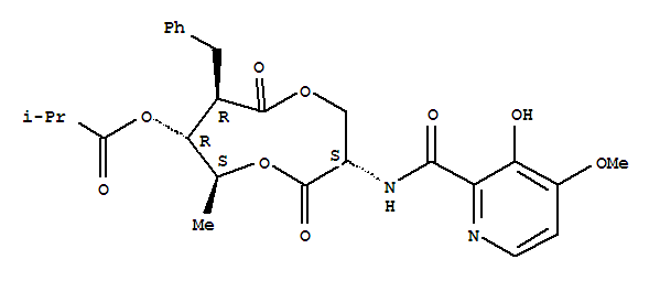 Propanoicacid, 2-methyl-,3-[[(3-hydroxy-4-methoxy-2-pyridinyl)carbonyl]amino]-6-methyl-4,9-dioxo-8-(phenylmethyl)-1,5-dioxonan-7-ylester, [3S-(3R*,6R*,7S*,8S*)]-结构式