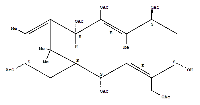 Structure of Bicyclo[9.3.1]pentadeca-3,8,14-triene-2,3,5,7,10,13-hexol,8-[(acetyloxy)methyl]-4,14,15,15-tetramethyl-, 2,3,5,10,13-pentaacetate,[2R-(2R*,3E,5S*,7S*,8E,10S*,11R*,13S*)]-