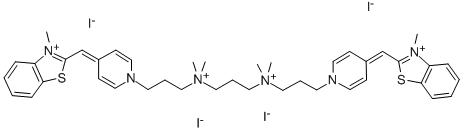 2-([1-(3-[[3-(DIMETHYL(3-[4-[(3-METHYL-1,3-BENZOTHIAZOL-3-IUM-2-YL)METHYLENE]-1(4H)-PYRIDINYL]PROPYL)AMMONIO)PROPYL](DIMETHYL)AMMONIO]PROPYL)-4(1H)-PYRIDINYLIDENE]METHYL)-3-METHYL-1,3-BENZOTHIAZOL-3-IUM TETRAIODIDE结构式