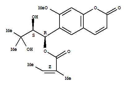 2-Butenoicacid, 2-methyl-, 2,3-dihydroxy-1-(7-methoxy-2-oxo-2H-1-benzopyran-6-yl)-3-methylbutylester, [R-[R*,S*-(Z)]]-结构式