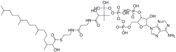 [5-(6-aminopurin-9-yl)-4-hydroxy-2-[[hydroxy-[hydroxy-[3-hydroxy-3-[2-[2-(2-hydroxy-3,7,11,15-tetramethyl-hexadecanoyl)sulfanylethylcarbamoyl]ethylcarbamoyl]-2,2-dimethyl-propoxy]-phosphoryl]oxy-phosphoryl]oxymethyl]oxolan-3-yl]oxyphosphonic acid结构式