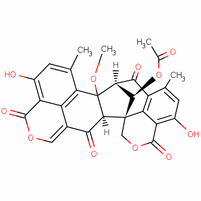 Structure of (8R,16S)-16-Acetoxy-8a,15aβ-dihydro-4,11-dihydroxy-8aβ-methoxy-6,9-dimethyl-7H-8,15bα-methano-1H,3H,12H-benzo[de]cyclohepta[1,2-g:3,4,5-de]bis[2]benzopyran-3,7,12,15(8H)-tetrone