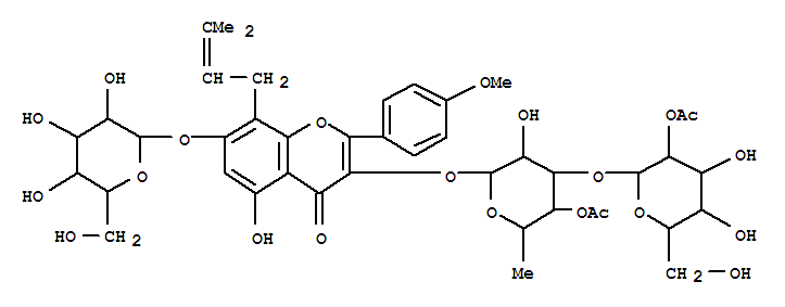 4H-1-Benzopyran-4-one,3-[[4-O-acetyl-3-O-(2-O-acetyl-b-D-glucopyranosyl)-6-deoxy-a-L-mannopyranosyl]oxy]-7-(b-D-glucopyranosyloxy)-5-hydroxy-2-(4-methoxyphenyl)-8-(3-methyl-2-buten-1-yl)-结构式