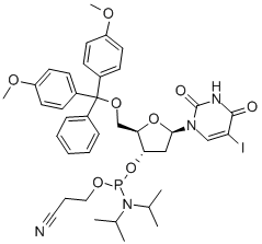 Structure of N-blocked-5-O-DMT 3-CED iododeoxyuridine phosphoramidite