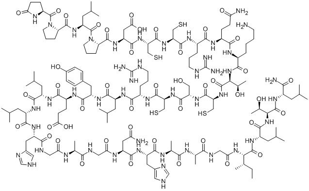 Structure of PYR-PRO-LEU-PRO-ASP-CYS-CYS-ARG-GLN-LYS-THR-CYS-SER-CYS-ARG-LEU-TYR-GLU-LEU-LEU-HIS-GLY-ALA-GLY-ASN-HIS-ALA-ALA-GLY-ILE-LEU-THR-LEU-NH2