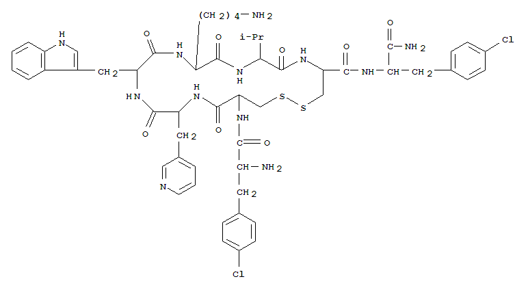 Chemical structure of H-P-CHLORO-PHE-D-CYS-BETA-(3-PYRIDYL)-ALA-D-TRP-LYS-VAL-CYS-P-CHLORO-PHE-NH2
