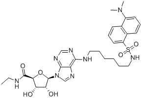 1-DEOXY-1-[6-[[6-[[[5-(DIMETHYLAMINO)-1-NAPHTHALENYL]SULFONYL]AMINO]HEXYL]AMINO]-9H-PURIN-9-YL]-N-ETHYL-B-D-RIBOFURANURONAMIDE结构式