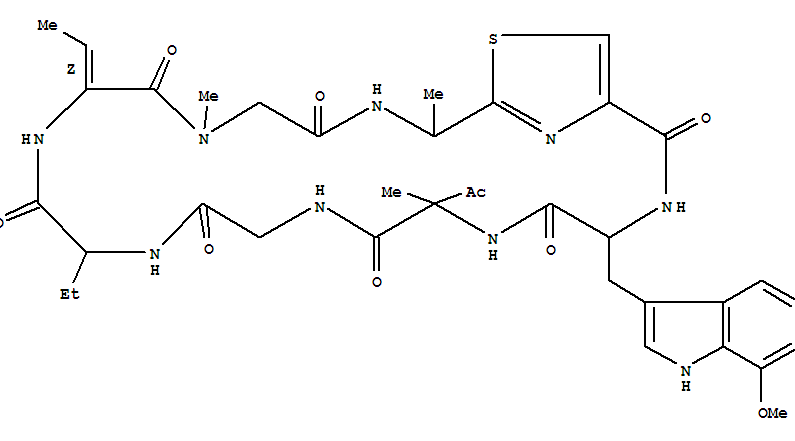 Structure of Cyclo[2-aminobutanoyl-(2Z)-2-amino-2-butenoyl-N-methylglycyl-2-(1-aminoethyl)-4-thiazolecarbonyl-7-methoxytryptophyl-3-oxoisovalylglycyl]