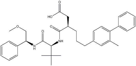 Structure of (R)-3-((S)-1-((S)-2-methoxy-1-phenylethylamino)-3,3-dimethyl-1-oxobutan-2-ylcarbamoyl)-6-(2-methylbiphenyl-4-yl)hexanoic acid