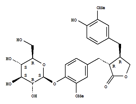 (3R,4S)-3-[[4-(β-D-Glucopyranosyloxy)-3-methoxyphenyl]methyl]-4,5-dihydro-4-[(4-hydroxy-3-methoxyphenyl)methyl]furan-2(3H)-one结构式