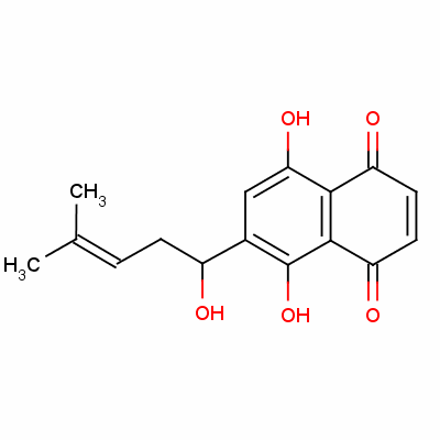 Structure of 1,4-Naphthalenedione,5,8-dihydroxy-6-(1-hydroxy-4-methyl-3-pentenyl)-, (S)-