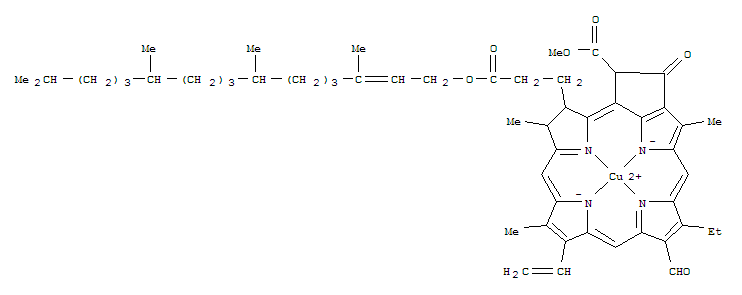 Copper, ((2E,7R,11R)-3,7,11,15-tetramethyl-2-hexadecenyl (3S,4S,21R)-9-ethenyl-14-ethyl-13-formyl-21-(methoxycarbonyl)-4,8,18-trimethyl-20-oxo-3-phorbinepropanoato(2-)-kappaN23,kappaN24,kappaN25,kappaN26)-, (SP-4-2)-结构式