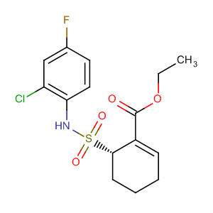 Structure of 1-Cyclohexene-1-carboxylic acid,6-[[(2-chloro-4-fluorophenyl)amino]sulfonyl]-, ethyl ester, (6S)-